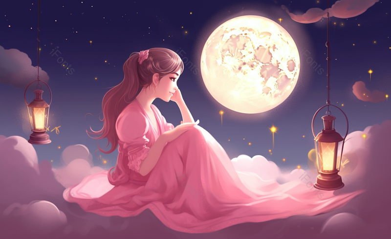 夜晚星空女孩赏月卡通手绘场景,插画/手绘图,插画/手绘图库,插画/手绘图下载,插画/手绘